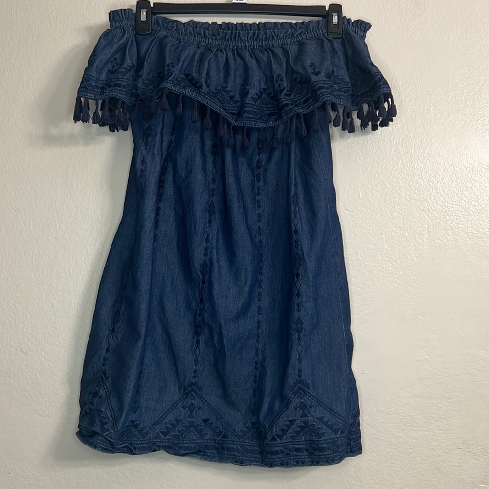 Parker off-shoulder embroidered tassel dress
